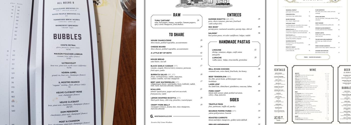 Geist Bar + Restaurant Menu