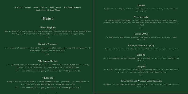 Dundee's Donuts Menu