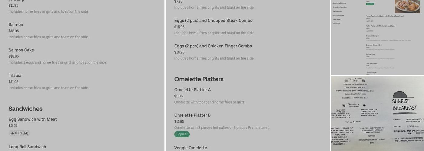 Sunrise Breakfast Menu