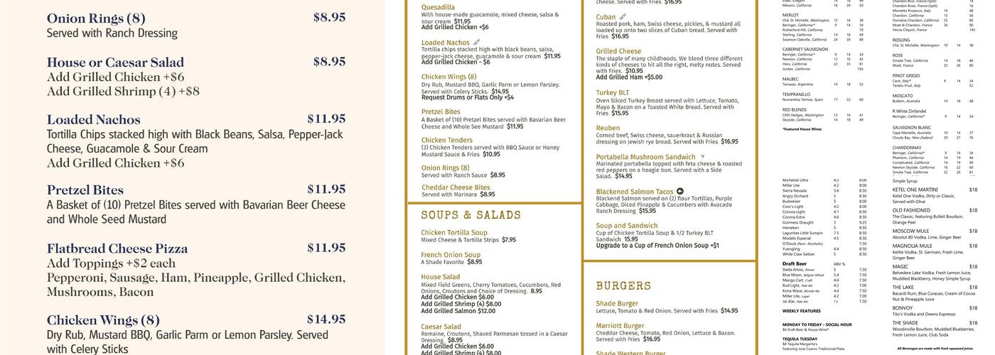 Shade Bar and Grill Menu