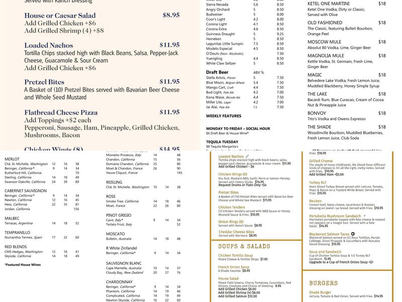 Shade Bar and Grill Menu