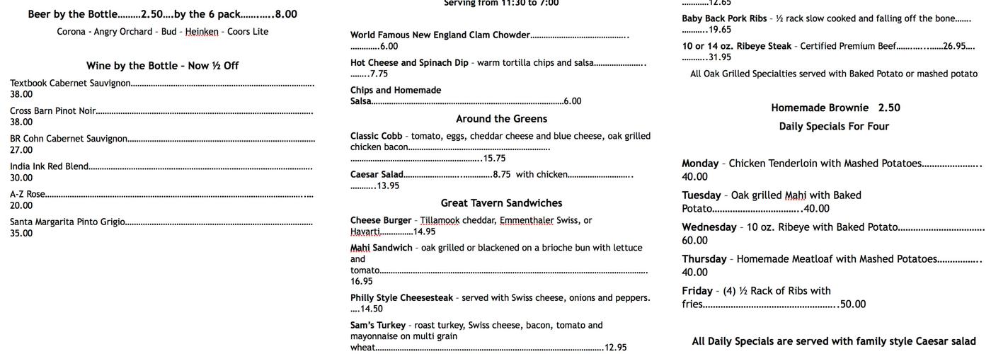 Sam Snead’s Grill and Tavern Menu