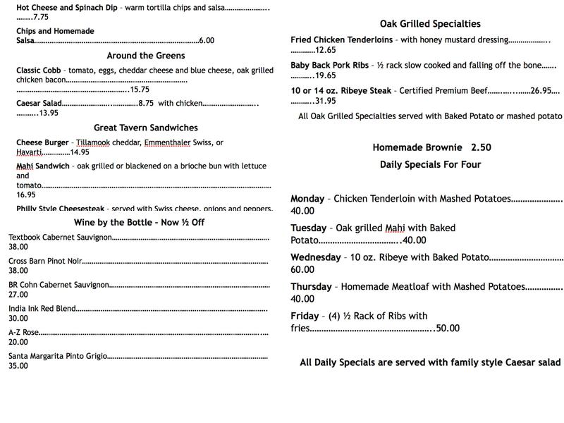 Sam Snead’s Grill and Tavern Menu