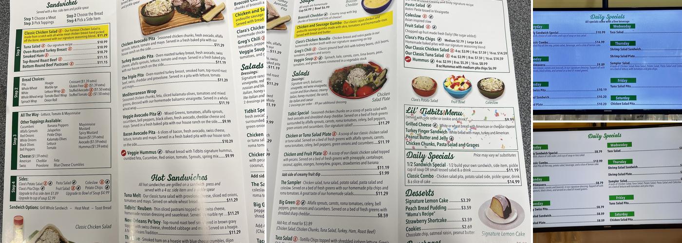 Clara's Tidbits Restaurant Menu