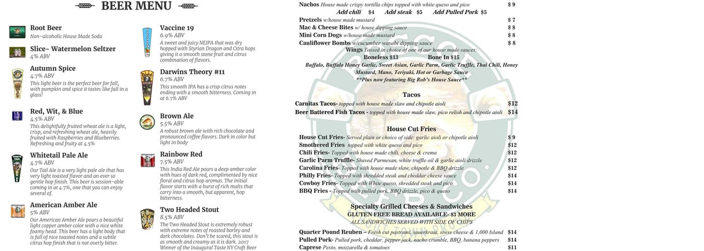 Roscoe Beer Co. Menu