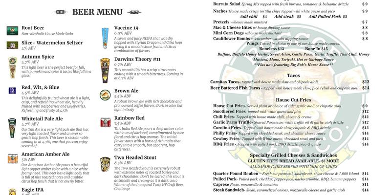 Roscoe Beer Co. Menu