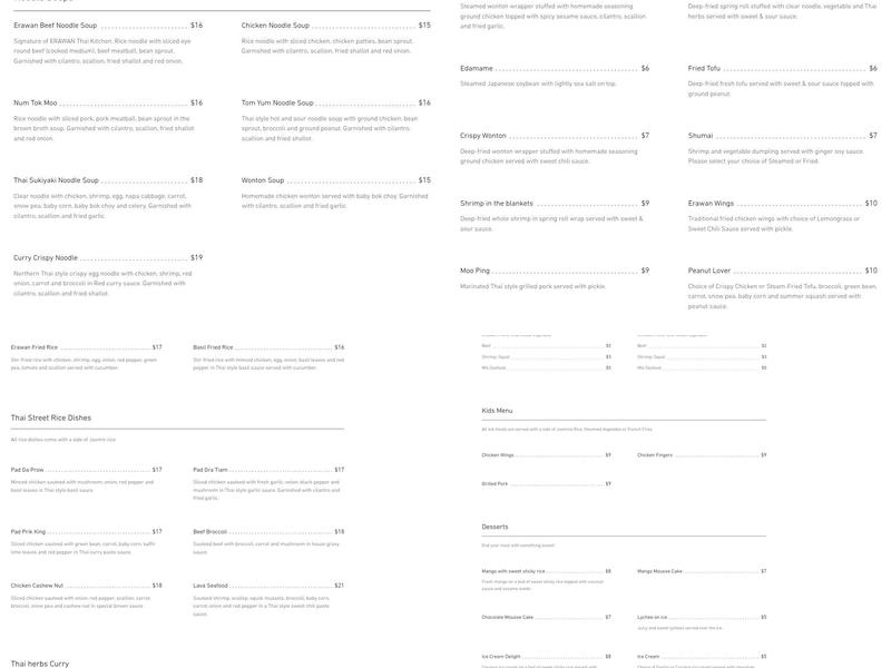 Erawan Thai Kitchen Menu