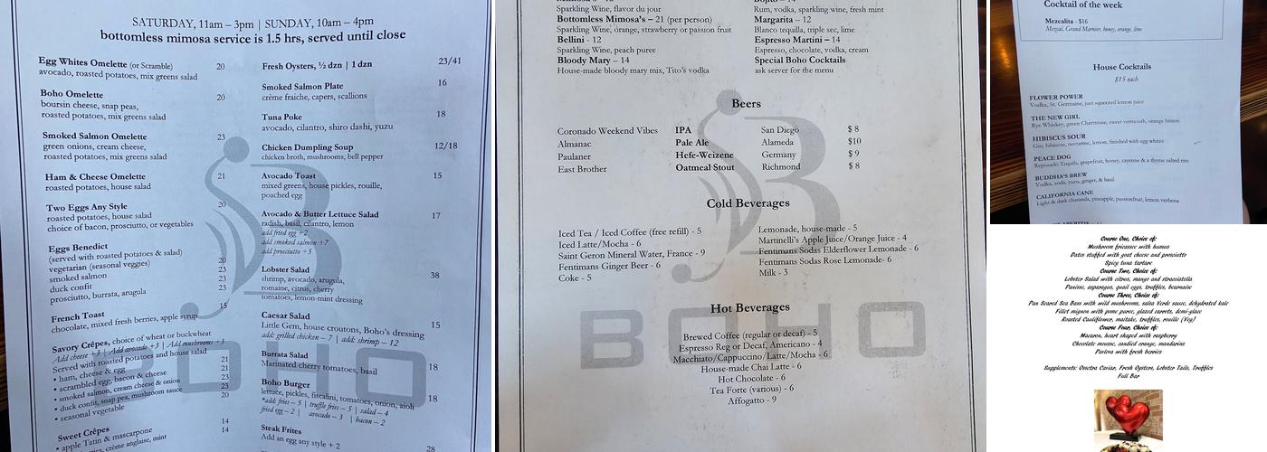 Boho Restaurant Menu