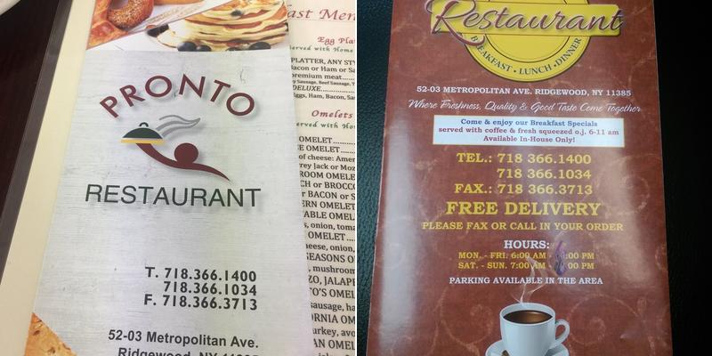 Pronto Restaurant Menu