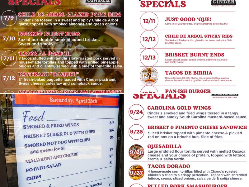 Cinder BBQ Menu