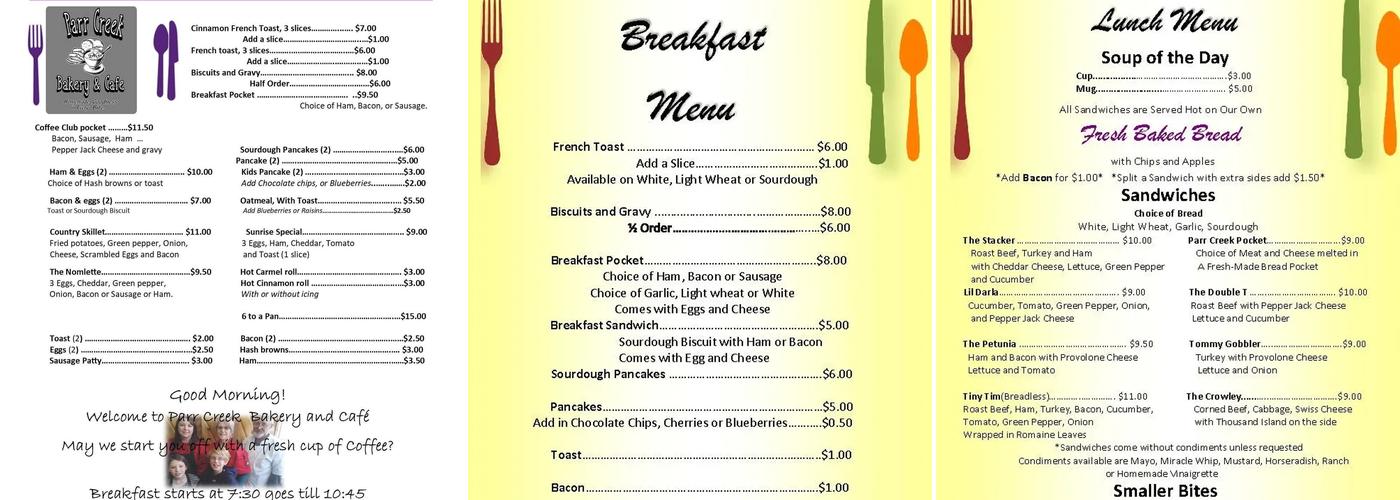 Parr Creek Bakery and Cafe Menu