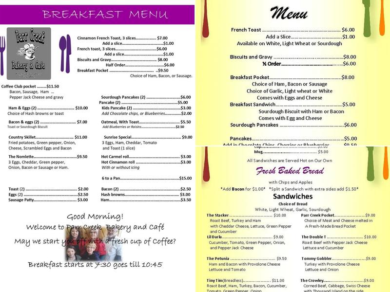 Parr Creek Bakery and Cafe Menu