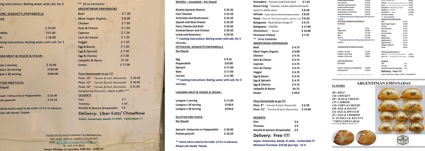 Francescas Pasta Market & Empanadas Menu