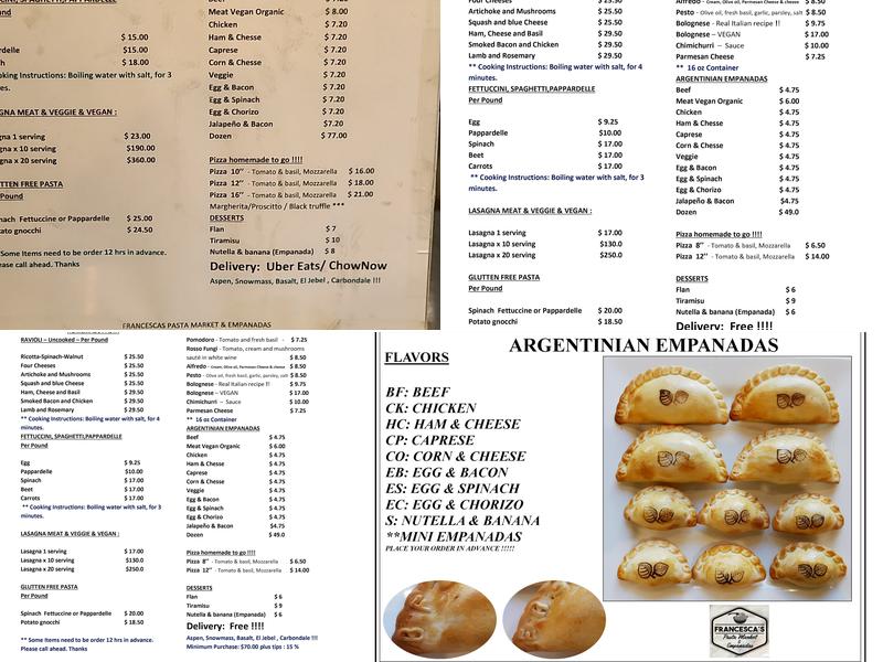 Francescas Pasta Market & Empanadas Menu
