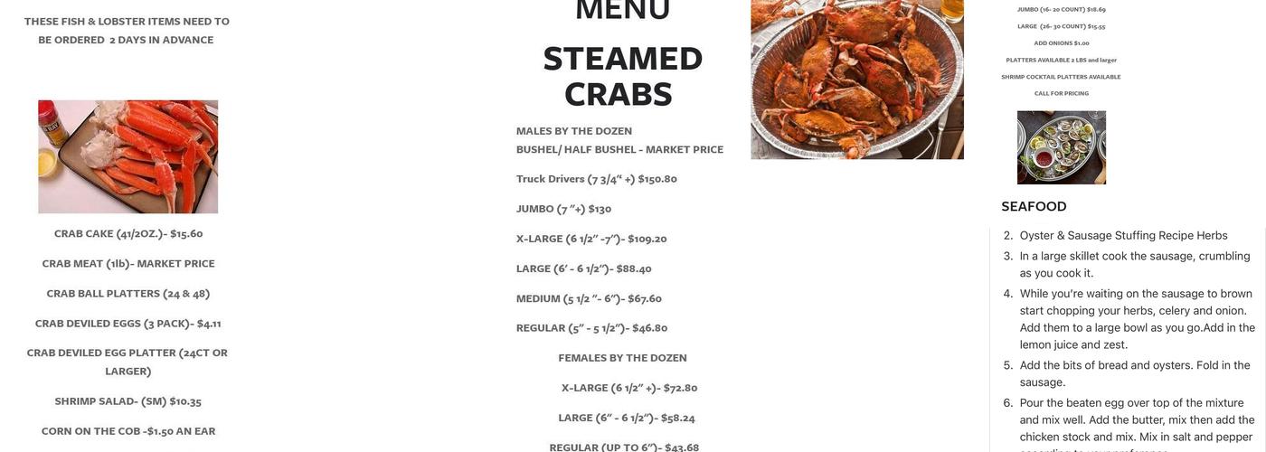 Hard Shell Crabs & Seafood Menu
