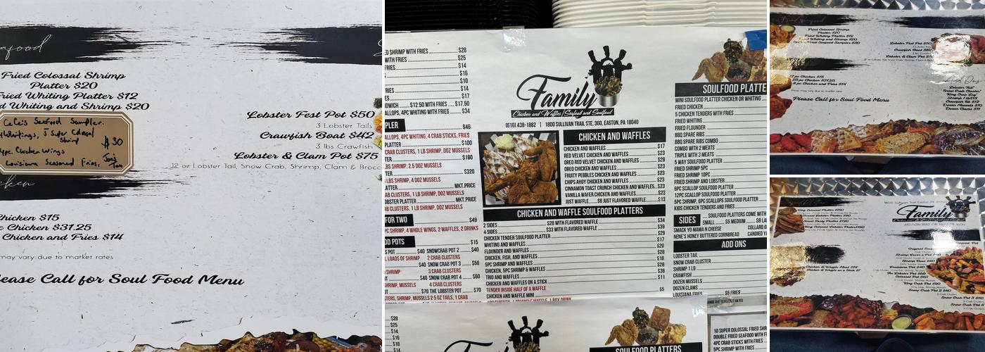 Family Chicken and Waffles Seafood and Soulfood Menu
