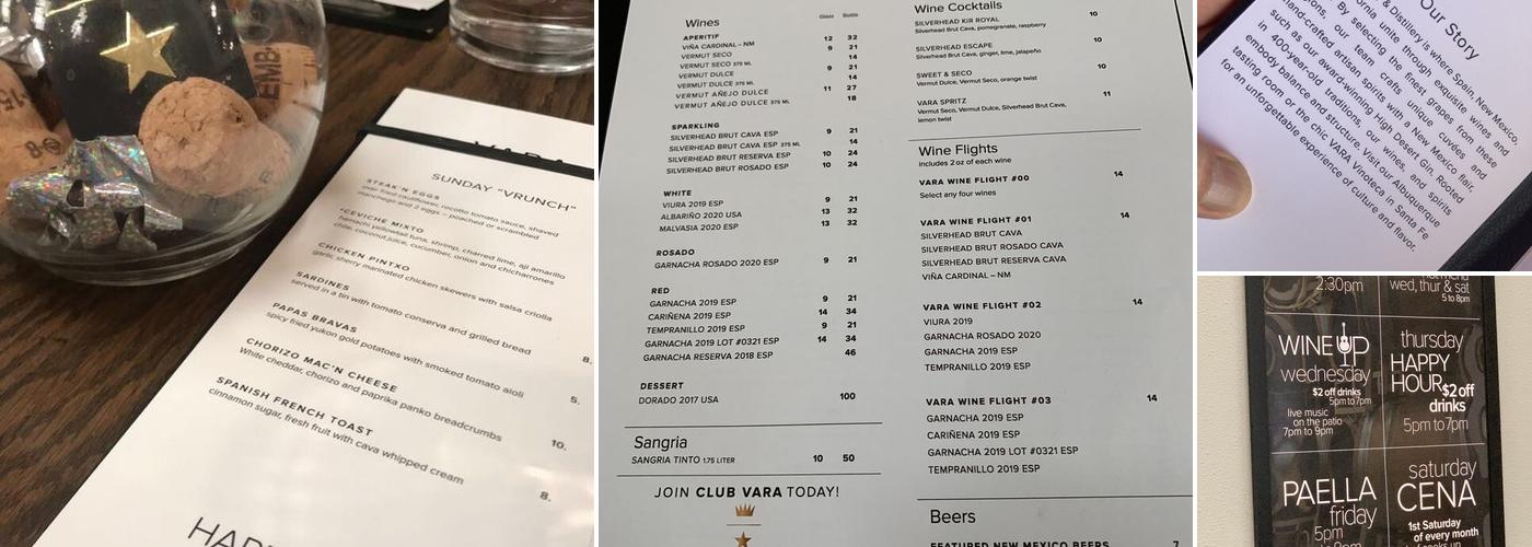 VARA Winery & Distillery Menu