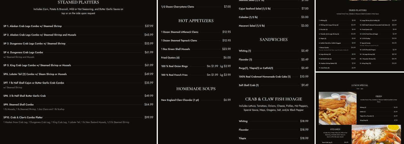 Crab & Claw Seafood Menu