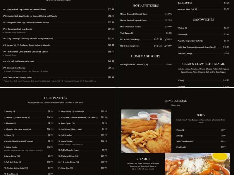 Crab & Claw Seafood Menu
