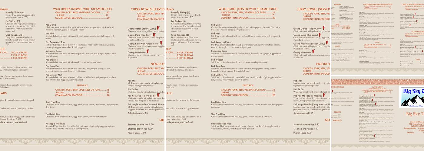 Big Sky Thai Menu