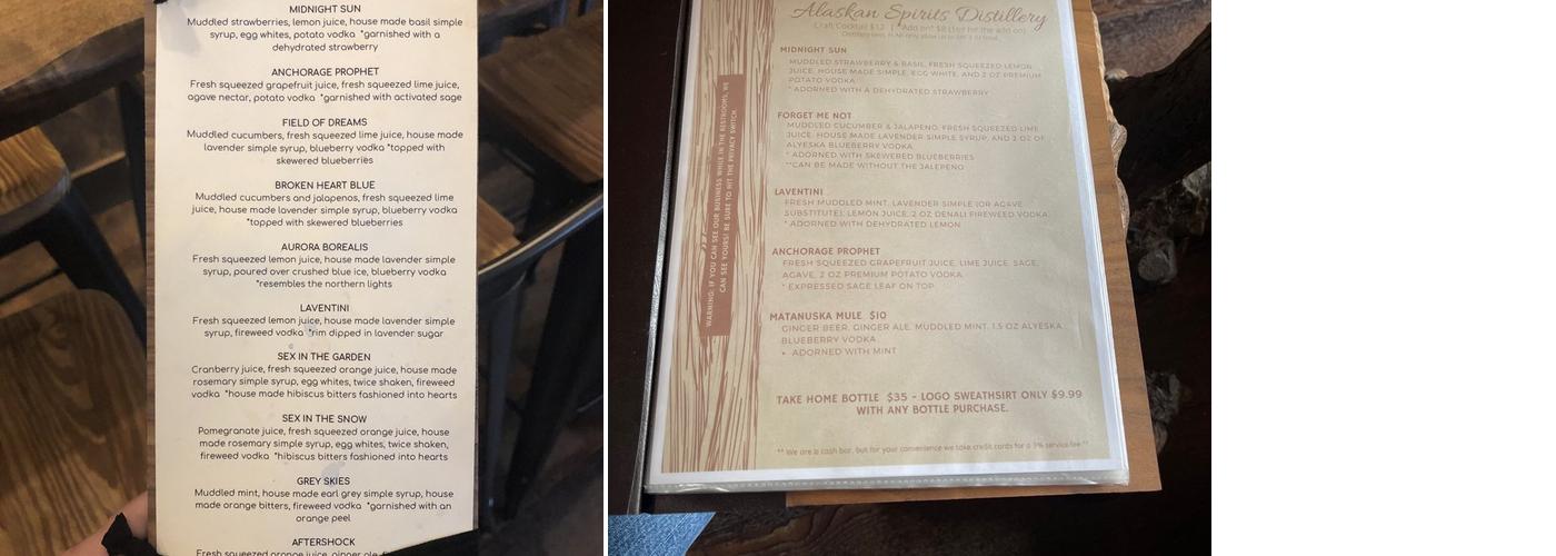 Alaskan Spirits Distillery Menu
