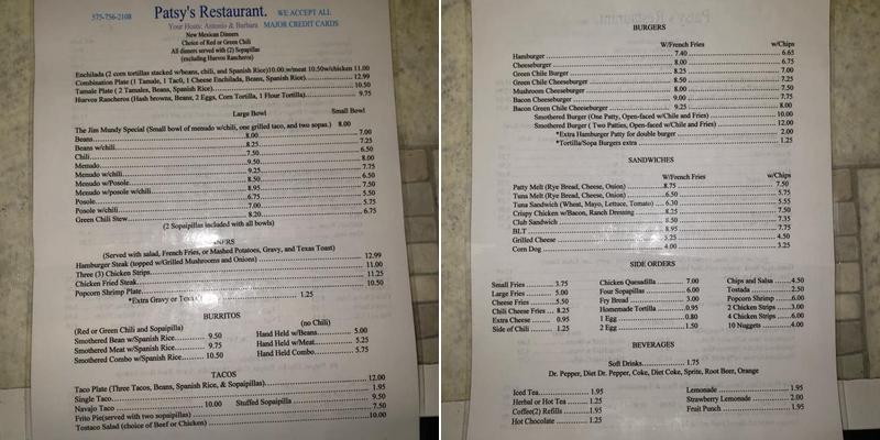 Patsy's Restaurant & Bakery Menu