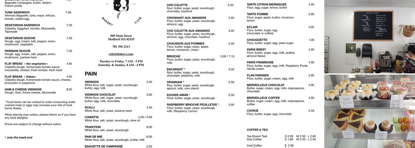 Colette Bakery Menu