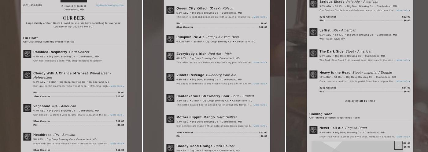 Dig Deep Brewing Co. Menu