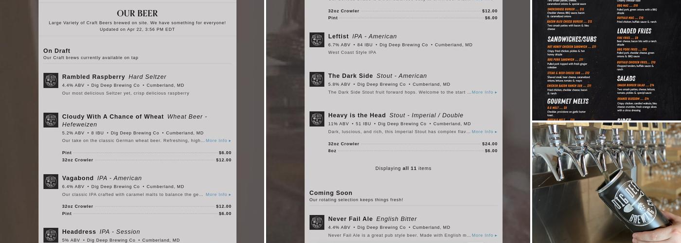 Dig Deep Brewing Co. Menu