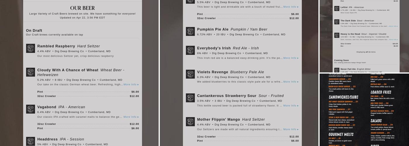 Dig Deep Brewing Co. Menu