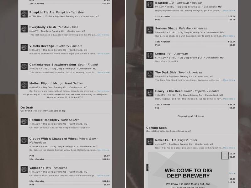 Dig Deep Brewing Co. Menu