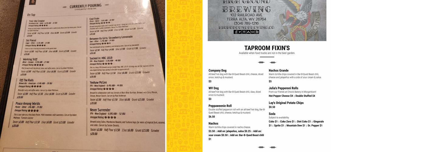 High Ground Brewing Menu