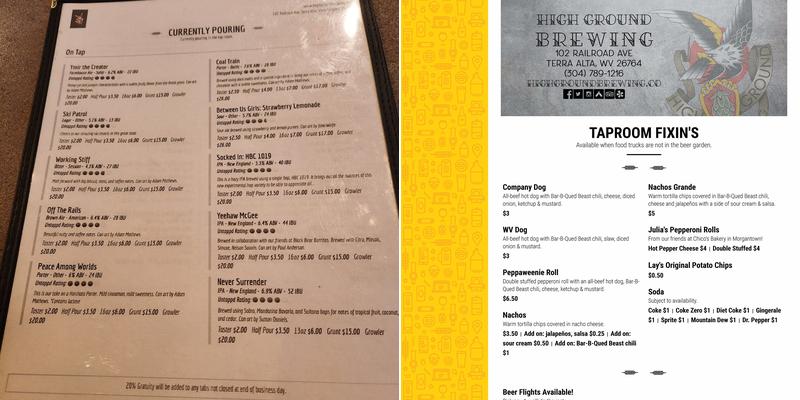 High Ground Brewing Menu