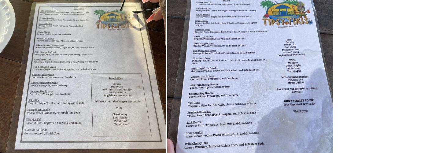 Tipsy Tikis Menu