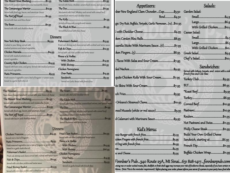 Finnbar's Pub Menu