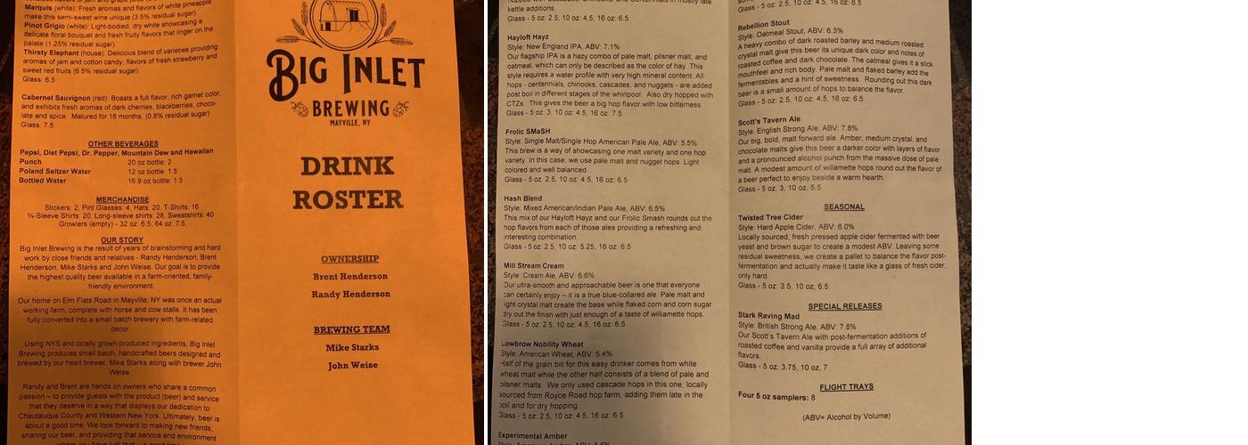 Big Inlet Brewing Menu
