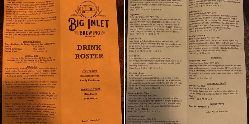 Big Inlet Brewing Menu