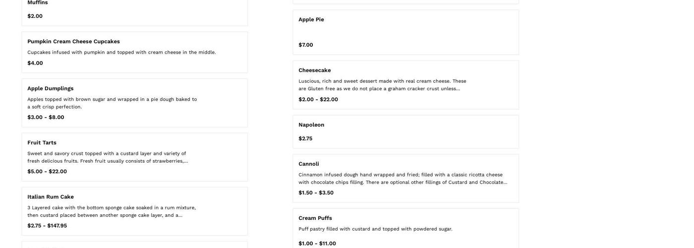 Bruno's Bakery Menu