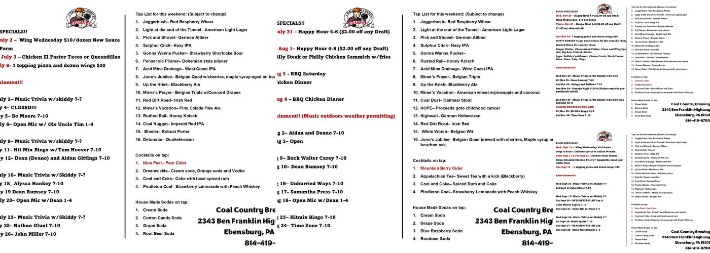 Coal Country Brewing Menu
