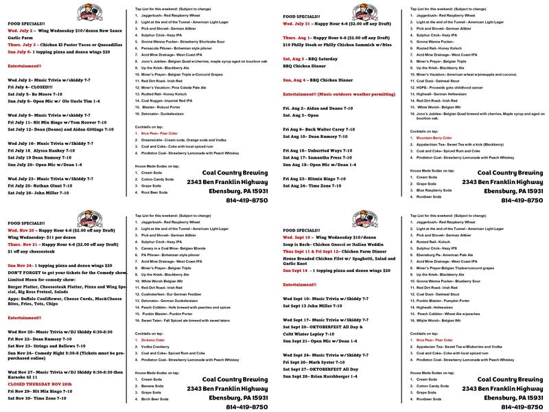 Coal Country Brewing Menu