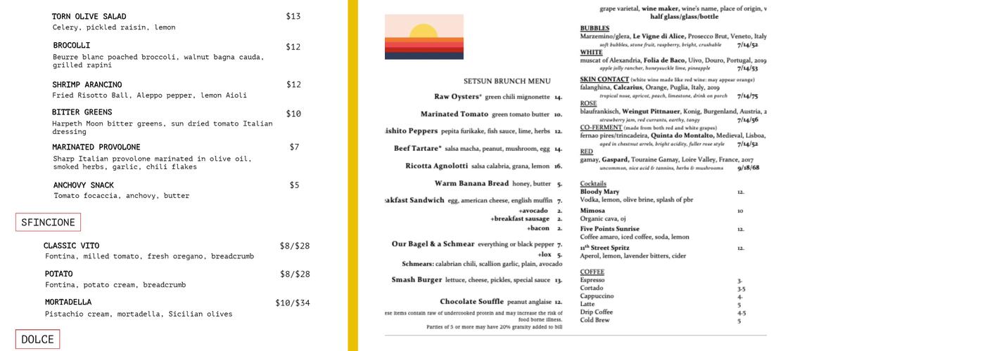 Vandyke Bed and Beverage Menu