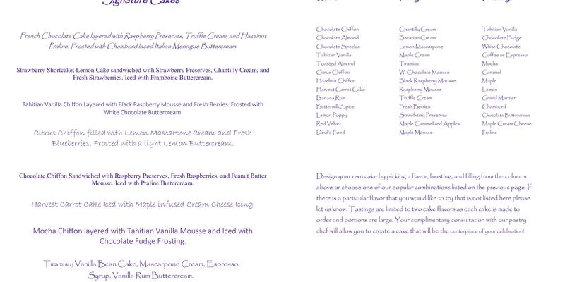 Vermont Cake Studio Menu