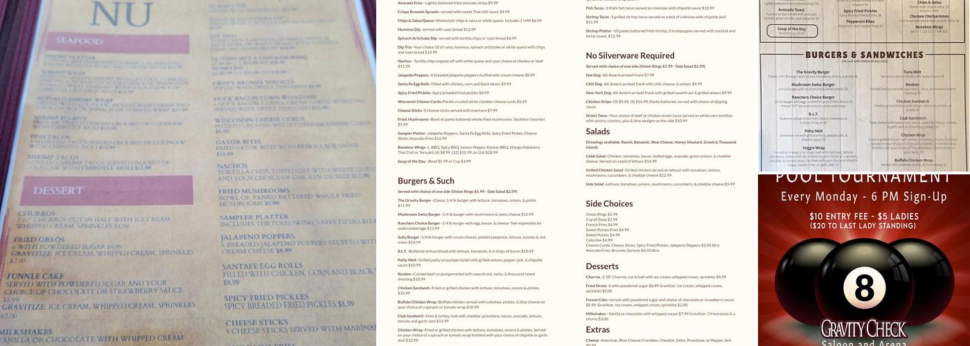 Gravity Check Saloon and Arena Menu