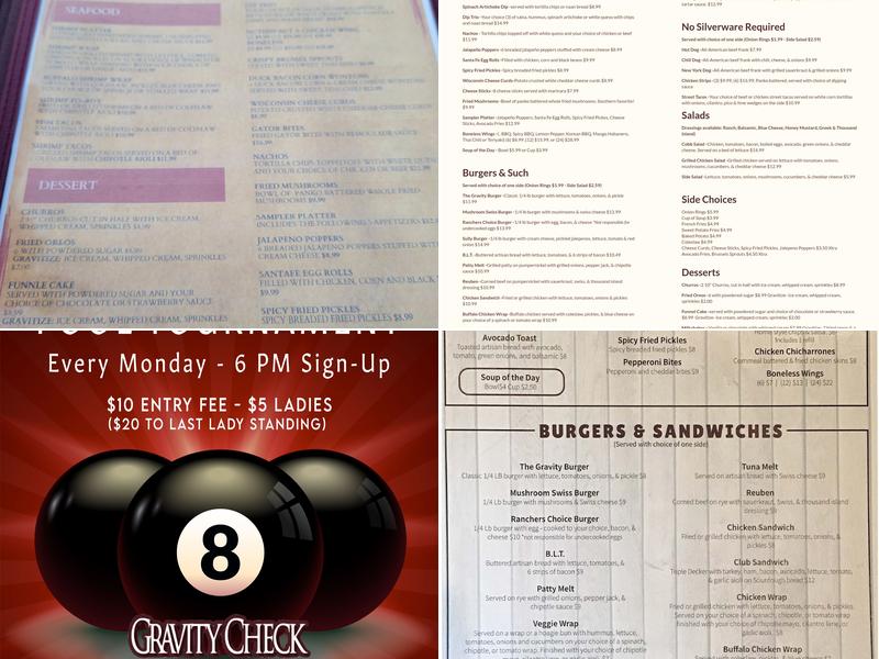 Gravity Check Saloon and Arena Menu