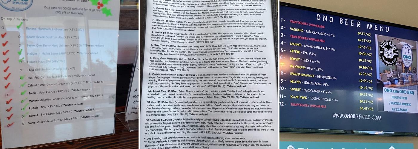 Ono Brewing Company Menu