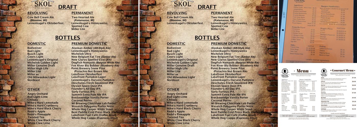 SKOL Bar & Grill is now the Friendly Tavern Menu