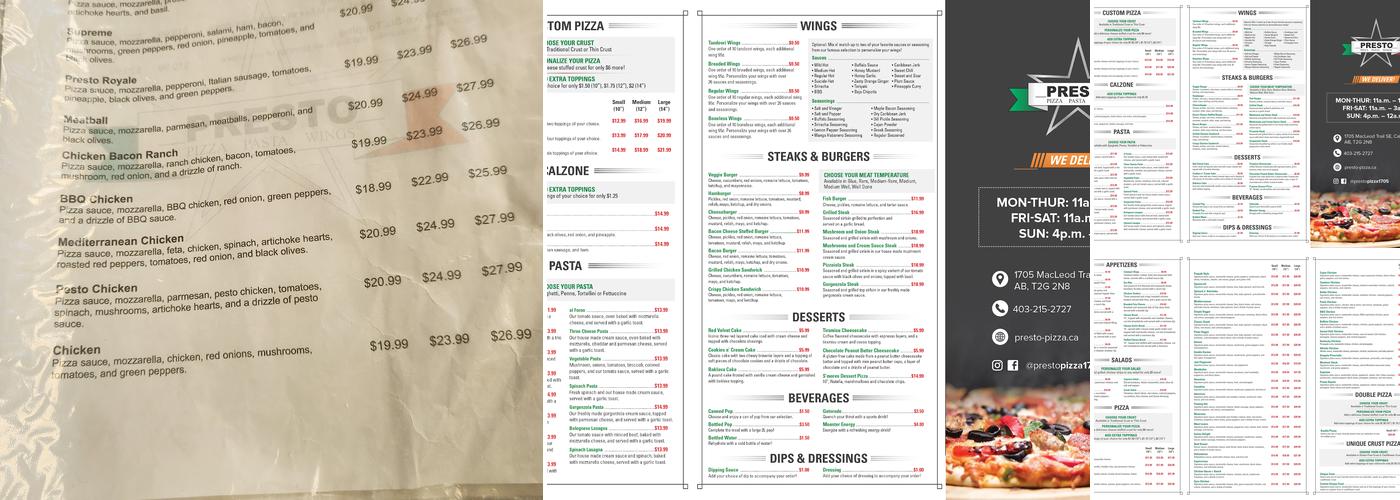 Presto Pizza Menu