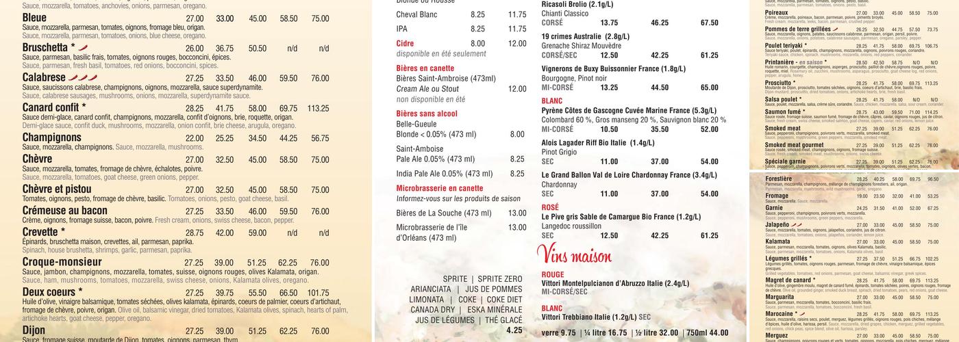 Mille et une pizzas Menu