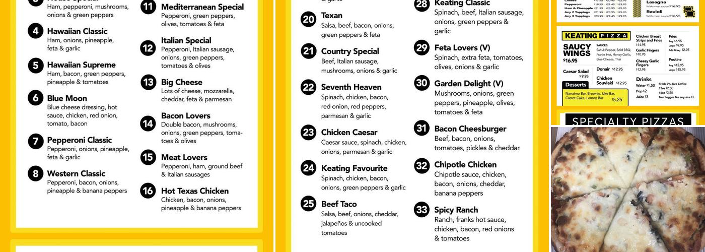 Keating Pizza Menu