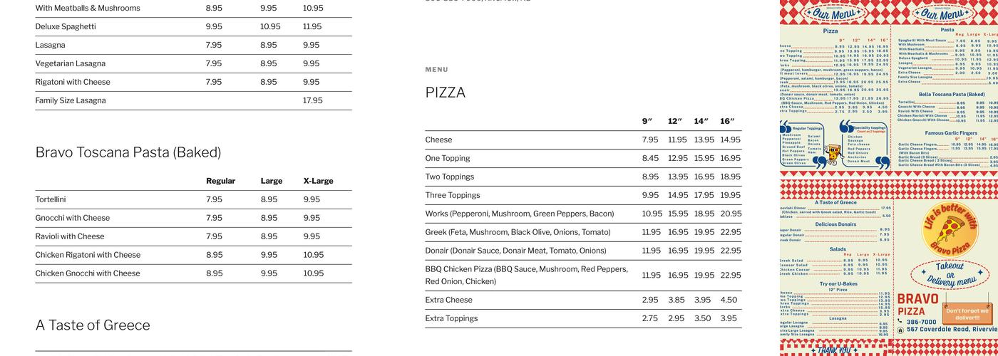 Bravo Pizza Menu